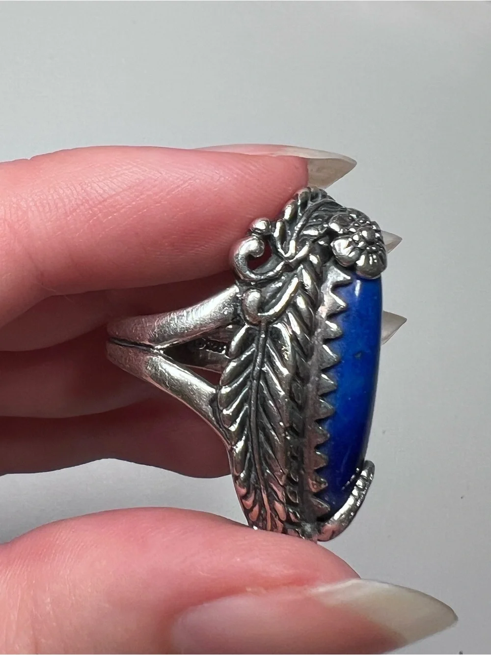 925 Sterling Silver Blue Marquise Lapis Ring Leaf Design Signed Sz 6.5-7?